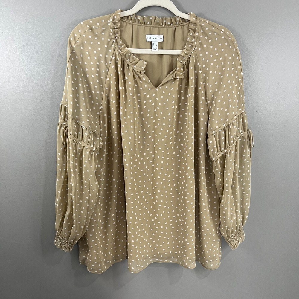 Susan Graver Tan White Polka Dot Sheer Chiffon Raglan Sleeve Peasant Top Medium